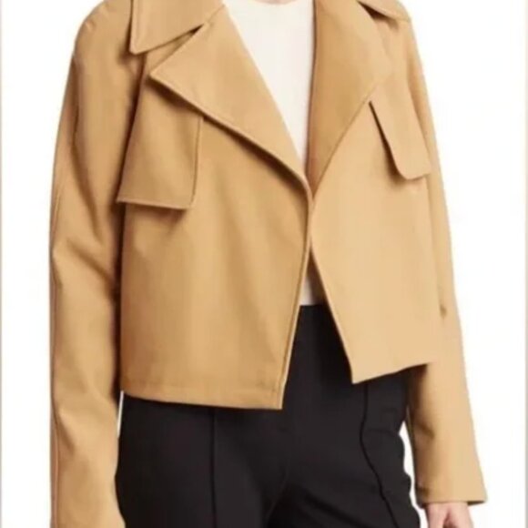 SOLD - Bagatelle Tan Camel Open Front Cropped Trench Jacket Blazer Size Large - Picture 2 of 13